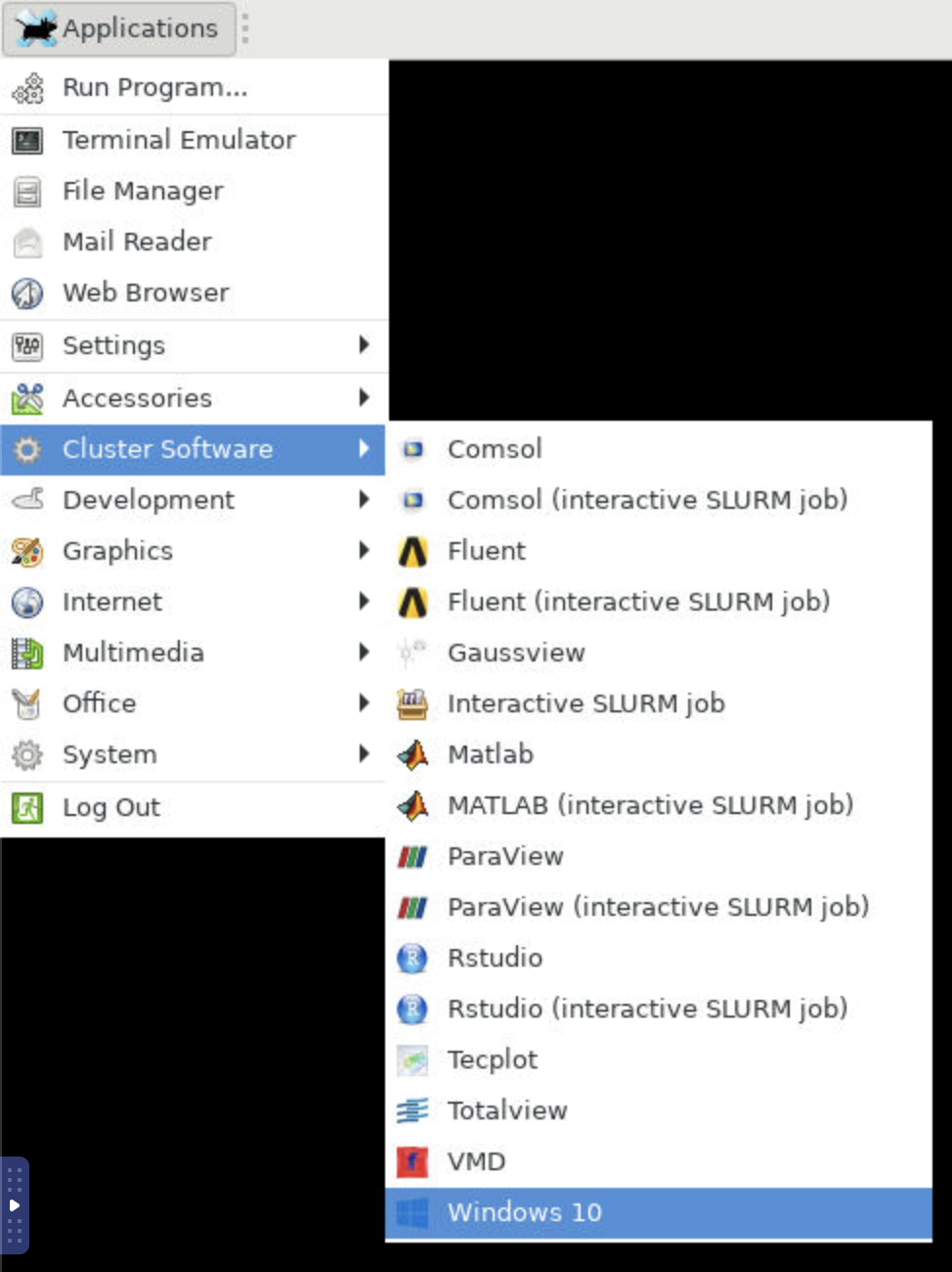 The image shows a nested menu on the Brown Remote Desktop session. The options Application